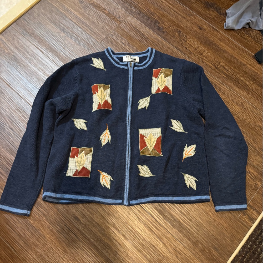 Navy Leaf Pattern Cardigan - image 1